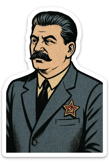 An upper body image of a leader who looks like Joseph Stalin with a suite and wearing a Communist Party badge. sticker
