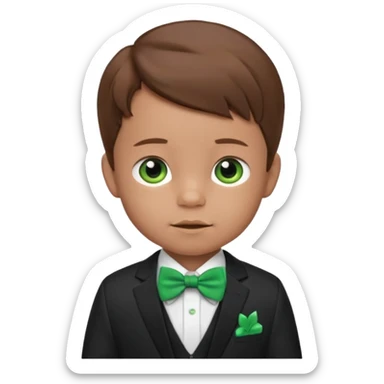 baby cute boy, brown hair in suit, with green bow sticker