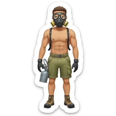 A beefy man without a T-shirt, wearing only a gas mask and shorts, is leaning on  sticker