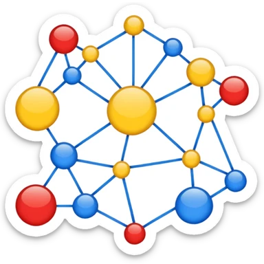 Several different symbols (graph, drawing, abstract form) connected by thin lines into a single structure that emphasizes interaction. sticker