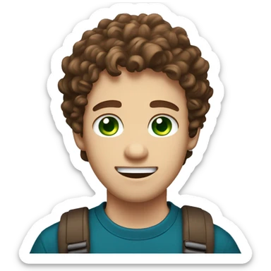 cute guy with green eyes, brown loose pretty curly hair, looking silly, white skin, wearing blue tshirt sticker