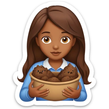 brown haired girl holding poop sticker