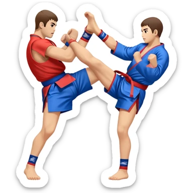 An icon symbolizing Sambo, featuring two fighters in blue and red kimonos with shorts and wrestling shoes. One executes a powerful throw, while the other attempts a defensive grab. The fighters are engaged in a grapple, using joint locks and sweeps.  sticker