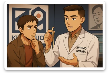 fai un webtoon manga a colori con questo stile, in cui un uomo ascolto il kinesiologo con il camice bianco (fagli anche la scritta "ANTONIO ANANIA" SUL CAMICE, il kinesiologo con il camice mostra un verme lungo e beige chiaro all'uomo, IL KINESIOLOGO SPIEGA ALL'UOMO UNA cosa. L'UOMO ha un ESPRESSIONE pensierosa IN VOLTO mentre si tocca il mento con l'indice. non fare i fumetti però, fai solo in modo che sembri stiano parlando sticker