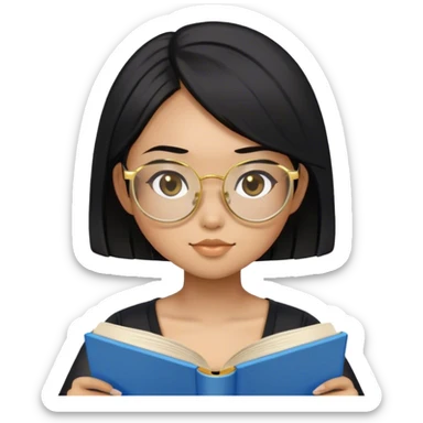 pretty asian girl sitting reading a blue book black top gold glasses black hair sticker