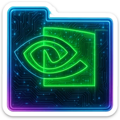 Transform the NVidia logo into a cyberpunk, holographic style with glowing neon green, blue, and pink edges. Add intricate circuit patterns throughout the entire icon while maintaining the recognizable NVidia eye shape and green color. Overlay neon and circuit effects in a futuristic, clean cyberpunk style with a consistent glow and detailed circuit elements. The background should be transparent. sticker