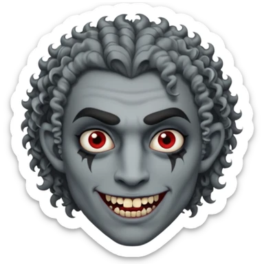 Vampire with grey skin, fanged teeth, piercings on eyebrow, two dermal piercings on cheek, and curly hair male sticker