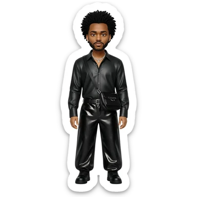The Weeknd with black hair, black metallic shirt, black metallic baggy pants, silver necklace sticker