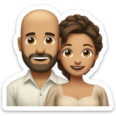 Brown-haired Puerto Rican woman with dark brown eyes wearing a cute blouse giving comforting hug to short, bald man with brown eyes, laugh lines, and a beard sticker