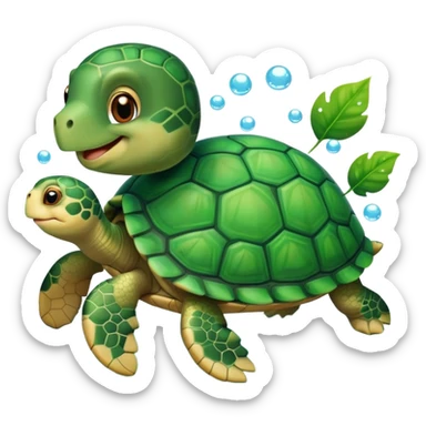 A cute turtle with a shell made of green leaves and bubbles floating around it sticker