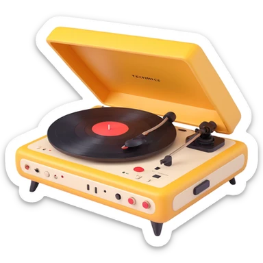 3D Disney Pixar-style record player, resembling Technics turntable, whimsical details, friendly animated look sticker