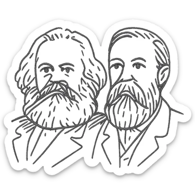 a black outline portrait of Karl Marx and Engels together based on a famous portrait of them, with eyes the same size sticker