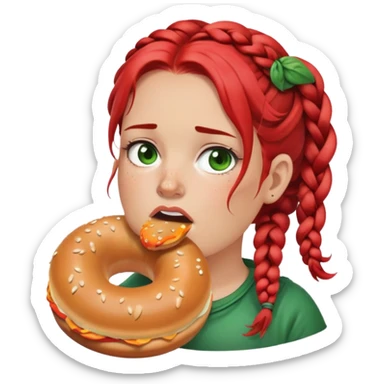 Fat white girl with red braids and acne eating a bagel with a green smoke around her with flies sticker