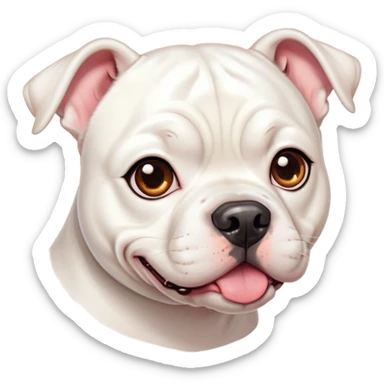 Cinematic Cute White American Bulldog Portrait Emoji, Head tilted playfully and inquisitively, smooth white fur with a healthy sheen, round, sparkling brown eyes filled with curiosity, Simplified yet irresistibly adorable features, highly detailed, glowing with a warm, friendly glow, high shine, affectionate and lively, stylized with a touch of whimsy, bright and endearing, soft glowing outline, capturing the essence of a mischievous yet loving pup, so playful it feels like it could bound out of the screen and into your arms! sticker