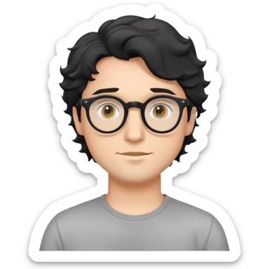 Young caucasian man with black wavy hair, round glasses, wearing a grey t-shirt sticker