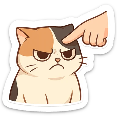 A finger points at the cat's head, and the cat's expression is angry and dissatisfied sticker