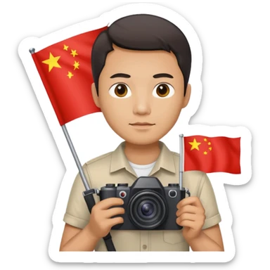 A Chinese man with a Chinese flag and a camera sticker