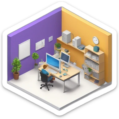 isometric square solid outline border containing indoor creative start-up office people active working computer simple clean developer-space #edc31b  sticker