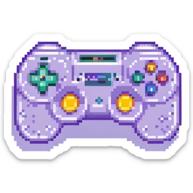 A pixel art style business card with a purple background and white text, featuring a pixel art game controller icon. sticker
