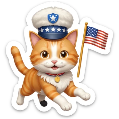 happy cat running for president with an "i voted" sticker and an american flag hat sticker