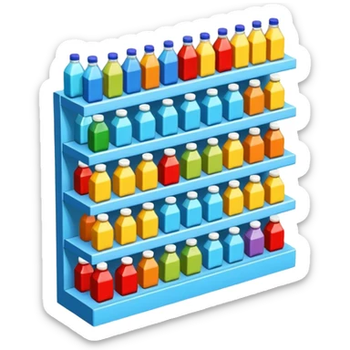 3D warehouse shelf with drinks bottles and products, 
organized retail shelves, colorful product packages, store inventory, 
transparent background, emoji style, realistic, isometric view sticker