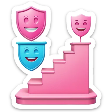 Minimalist 3D emoji-style podium with 2 steps on a green chroma key background. Step 1 (higher) features a handshake icon with blue neon glow. Step 2 (lower) features a smiling tooth with a shield icon and pink neon glow. Clean rendering, soft colors, uniform lighting. sticker