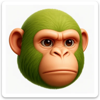Create a chimpanzee emoji that looks exactly like the reference image in iOS emoji style. The emoji should have 3D appearance, shiny surface, smooth gradients, soft shadows, and realistic green fur on the chimpanzee face with a classic emoji look. sticker