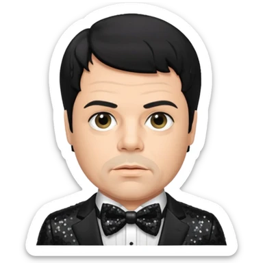 Oliver Reed with black hair, black sequin suit with bow tie sticker