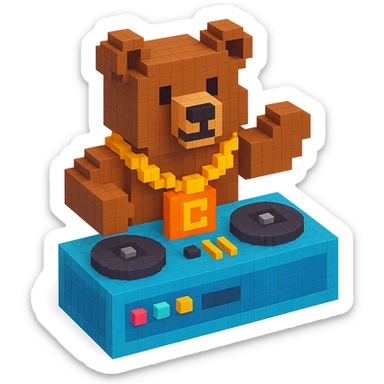 Russian grizzly bear with a rapper chain and a DJ setup sticker