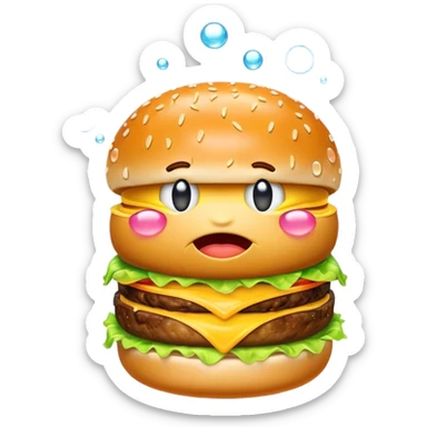 Yellow emoji eating burger with bubbles around it crying sticker