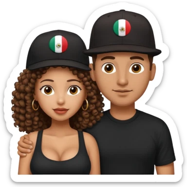 A picture of a loving tanned couple. the guy is Mexican, with a bald hair cut and he has a SnapBack hat on. The girl is mixed, the girl is wearing a black shirt, the girl has brown curly big hair and the girl has big boobs  sticker