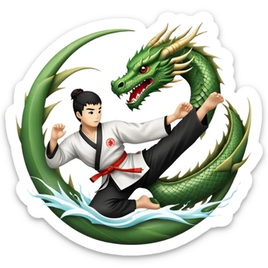 An icon symbolizing Eastern martial arts in the style of an emblem, featuring a black-and-white Yin-Yang symbol at the center and a powerful dragon wrapping around it. A martial artist is performing a fluid kick, surrounded by elements like a dojo and bamboo. Transparent background sticker
