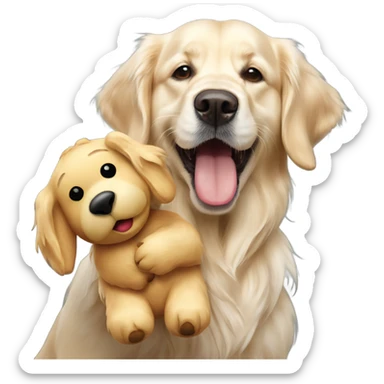 English cream golden retriever holding bear toy in mouth sticker