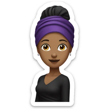 A beautiful young woman wearing a long, tight black dress with a purple headscarf sticker