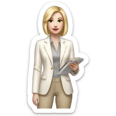 Full height pale skin woman with blonde Straightened bob Hair, White classical jacket, beige Arrow pants and gray blouse holding a color palette in the hands sticker
