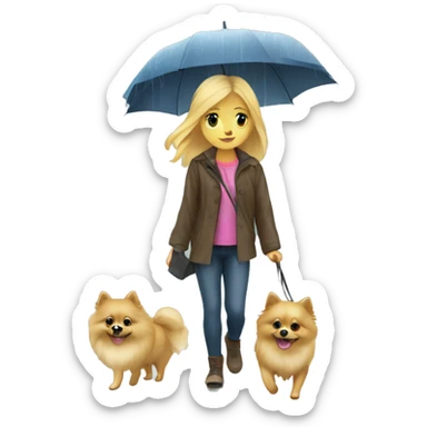 Blonde girl walking little pomeranian under the rain sticker