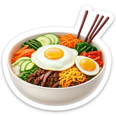 Cinematic Realistic Bibimbap Dish Emoji, showcasing a colorful bowl of mixed rice, assorted vegetables, beef, and a fried egg rendered with lifelike detail and vibrant, harmonious lighting. sticker
