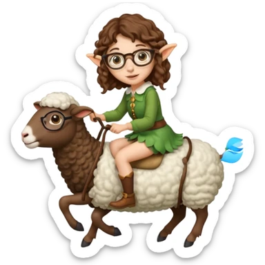 tiny forest elf woman brown wavy hair glasses riding a sheep sticker