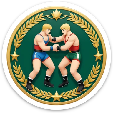 An icon symbolizing wrestling combat sports in the style of an emblem. The design features two wrestlers locked in a powerful grapple, one attempting to take the other down. Surrounding the scene are stylized elements like a championship belt, wrestling mat, and a laurel wreath.  sticker