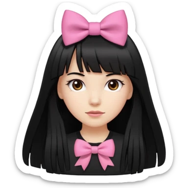 garota branca com cabelo longo, preto e franja reta, olhos castanhos, top preto e laço rosa no cabelo  sticker