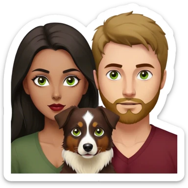Thin white guy with beard and widows peak and green eyes and large pointy nose in olive green long sleeve AND One latina girl with long beautiful dark hair and dark eyes in a dark red v neck and makeup with her black tri colored  Australian shepherd large sticker