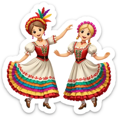 Cinematic Realistic Mazurka Dance Emoji, depicted as a lively traditional Polish folk dance scene with colorful costumes and spirited movement, rendered with dynamic textures and vibrant festive lighting that captures its rhythmic energy. sticker