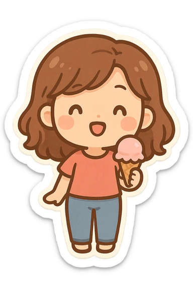 a woman with an ice cream cone, cute and cartoonish, chibi stickers style illustration sticker