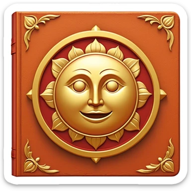 Un libro de cuero rojo terracota, con textura envejecida y bordes dorados desgastados. En la portada, un loto dorado en relieve, irradiando una aura cálida de sabiduría y transformación sticker