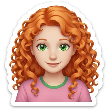 smiling pale girl with long curly orange hair, green eyes, pink shirt sticker