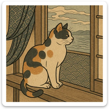 ukiyo-e style illustration of a cat sitting on a windowsill sticker