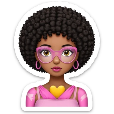 Dark brown skin girl with short black curly hair afro styled , she has pretty wispy cat eyelashes and is wearing a light pink tube top with lip gloss  sticker
