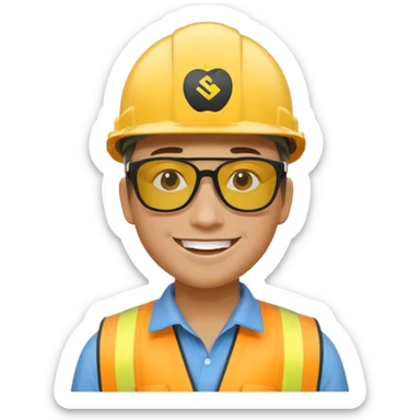 bonhomme avec un casque de chantier jaune, logo SRE visible, lunettes de soleil stylées, grand sourire, style emoji Apple sticker