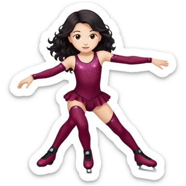 Una patinadora de 12 años y es morena de pelo y lleva un mallott granate con brillos y esta patinando con patines de ruedas en linea y su piel es clara y el pelo es largo negro ondulado sticker
