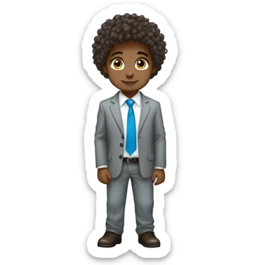 Little young  gentleman wearing a grey suit with white shirt and baby blue tie with blue eyes , black boy and brown curly hair and full body . Wearing a watch  sticker